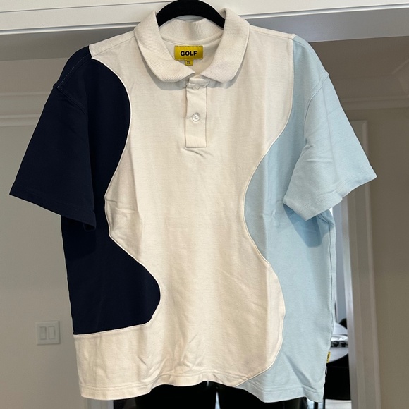 Men's GOLF WANG Navy/Sky Blue/White Ripple Knit Polo Shirt - Size XL - Picture 2 of 13